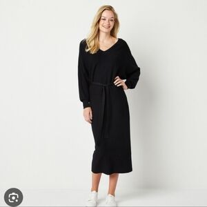 Abbott Elementary Black Midi Knit Dress With Tie Around Waist, Size Medium, NWT